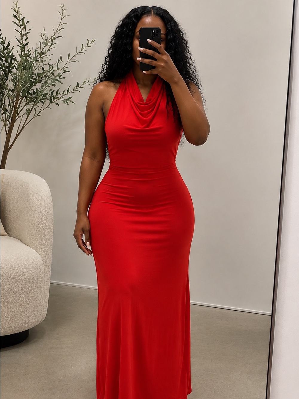 VENUS Red Halter Cowl Maxi Dress